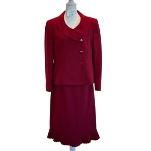 Suit Studio Burgundy Red Skirt Suit Set 12P Petite Pleated Ruffle Hem Blazer 2pc
